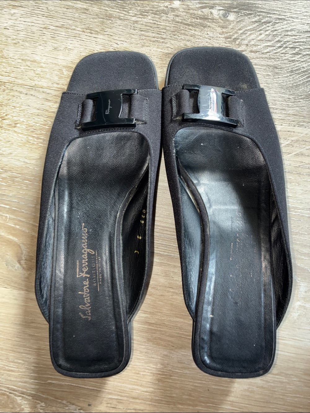 Salvatore Ferragamo Black Square-Toe Logo Buckle Mules